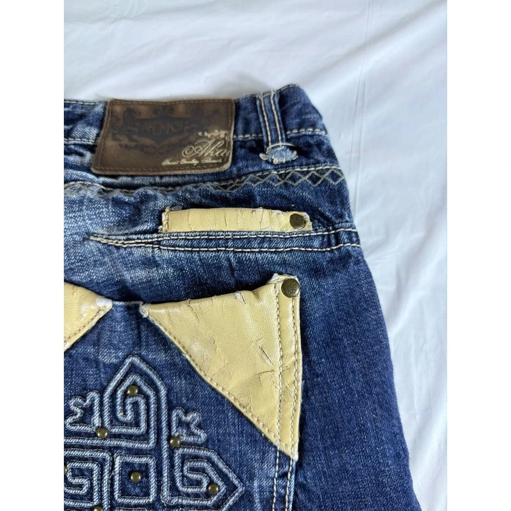 Akademiks Mens Denim Shorts‎ 38 Blue Embroidered Leather Trim Y2K Baggy Hip Hop